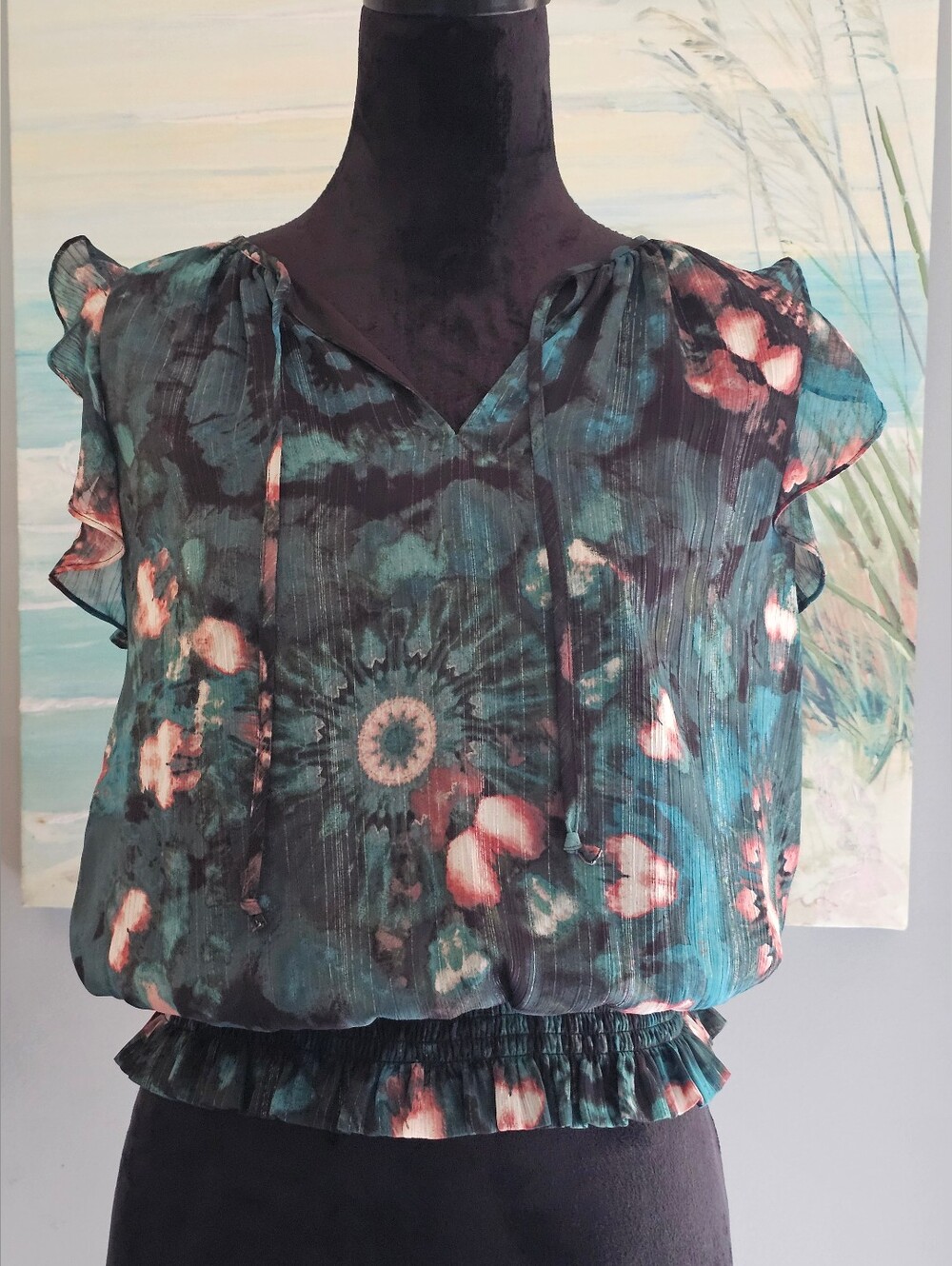 INC International Concepts Smocked Waist Floral Top